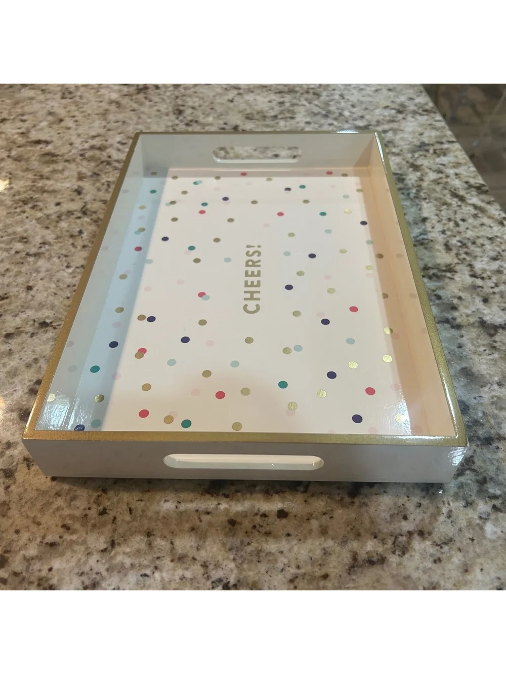 Pastel Decorative Serving Tray with Gold Polka Dots and CHEERS! Text